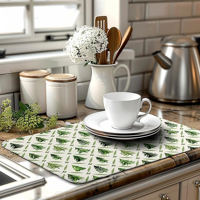 Wnoesat Christmas Dish Drying Mat for Kitchen Counter 18x24 Inch Sage Green Xmas Tree Drying Pad Winter Holiday Dish Draining Mat Microfiber Absorbent Dish Drainer Rack Mat for Coffee Bar