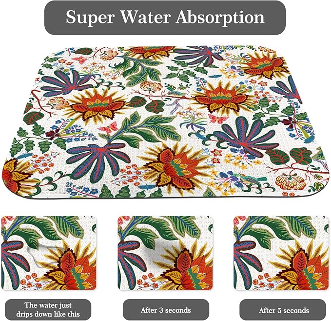 Quick Absorbent Kitchen Drying Mat - Stylish Patterns Dish Drying Mat- 16×18 Inch & 18×24 Inch Kitchen Drainer Mat for Countertops, Dishes & Glassware