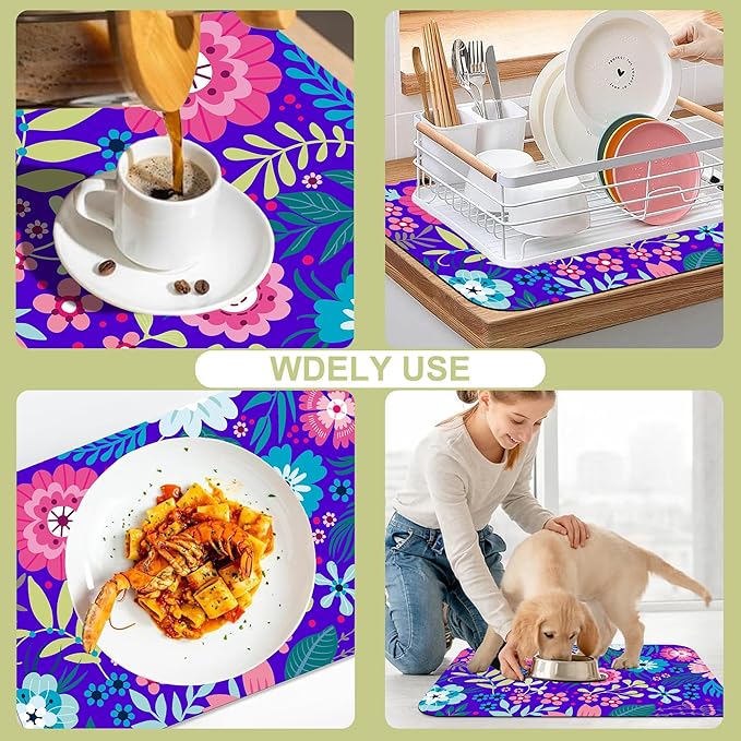 Kitchen Mat Colorful Flowers Leaves Dish Drying Mat 16"x24" Bsorbent Coffee Maker Mat for Sink Dishes or Under Rack Kitchen Counter Accessories Absorbent Hide Stain Rubber Backed Dish Drying Pad
