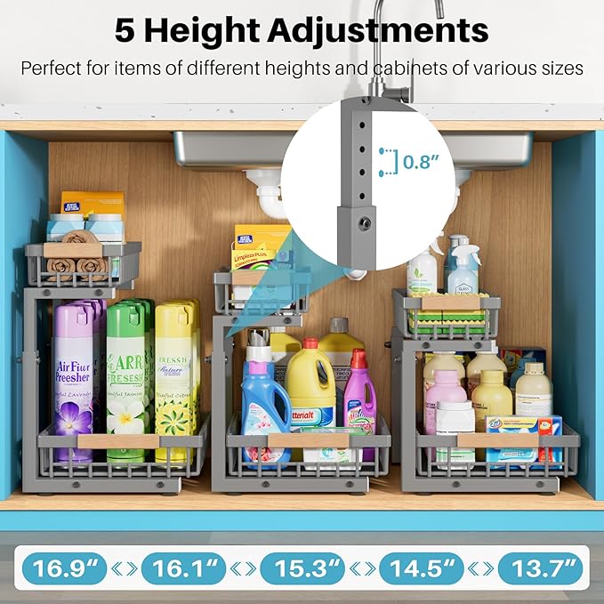 Jusdyrack 1 Packs 2 Tier Grey Under Sink Organizer,Under Sink Organizers and Storage, Slide Out Pull Out Cabinet Organizer Shelf, Metal Sliding Drawer for Kitchen Bathroom Cabinet Organization Rack