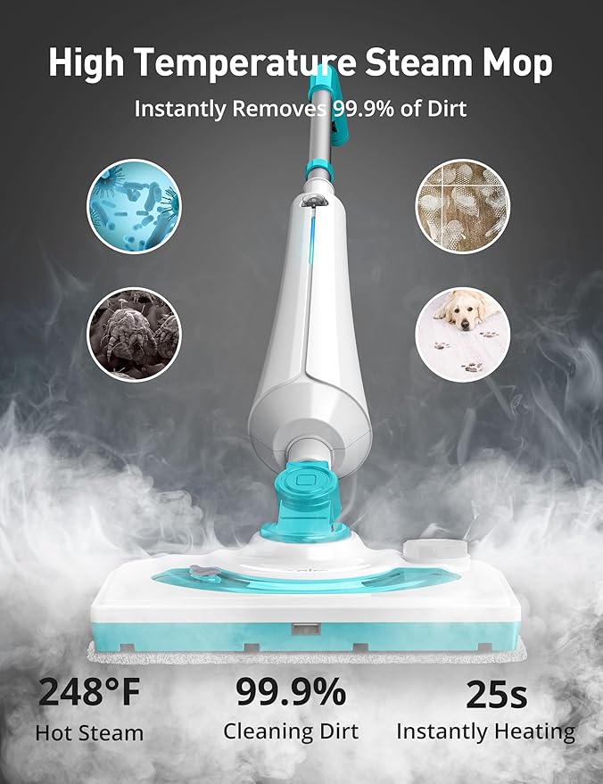 Professional Steam Mop Cleaner, 1300W Floor Steamer with Detergent Chamber, 25S Heat Up, Lightweight Steamer for Cleaning with 2 Washable Pads, Safe for Tiles, Upholstery, Carpet, Hardwood, Teal