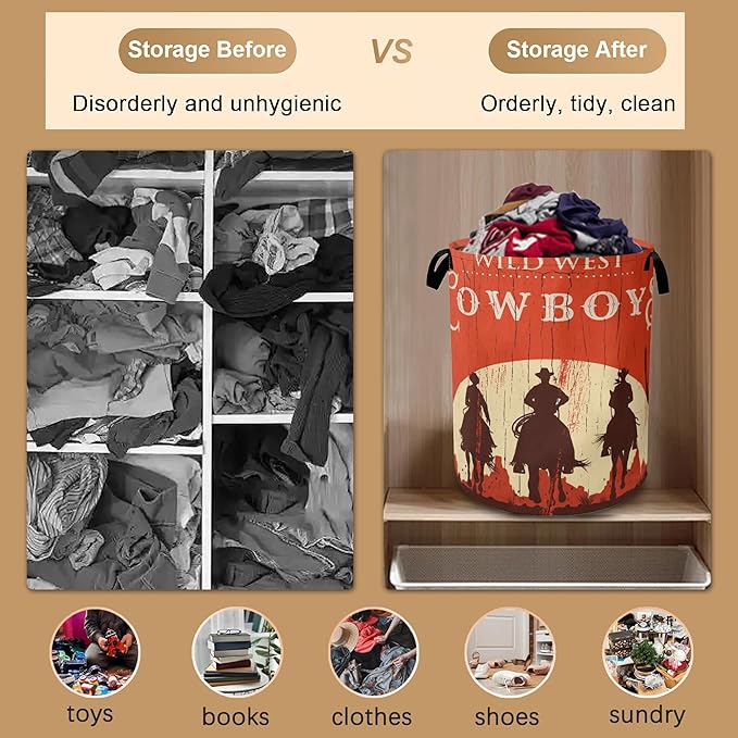 Western Cowboy Collapsible Laundry Baskets,Laundry Hamper,Storage Basket with Handles for Bathroom Bedroom College Dormitory Living Room Nursery Organizer 16"x20"