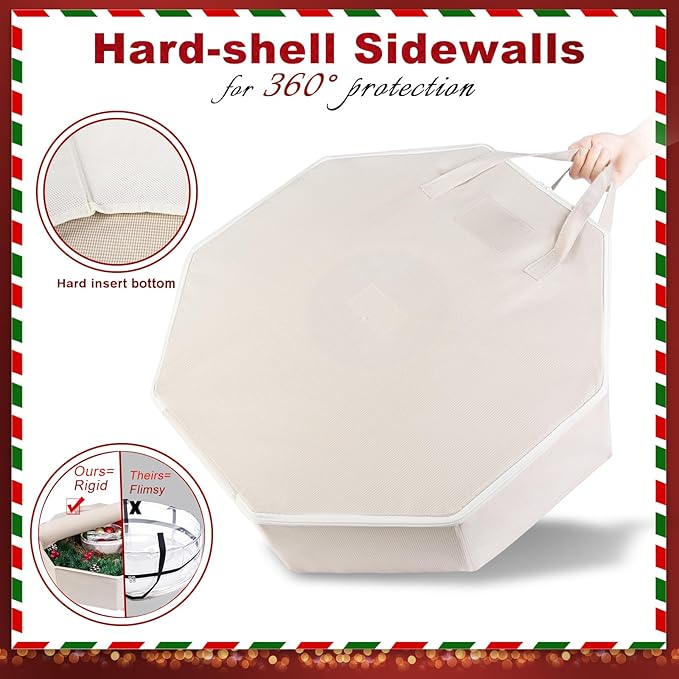 Wreath Storage Christmas Garlands Bag with Interior Pockets Large Xmas Container Box for Holiday Decorations Case with Zipper Handles Window Labeling Card Slot 24" Houndstooth