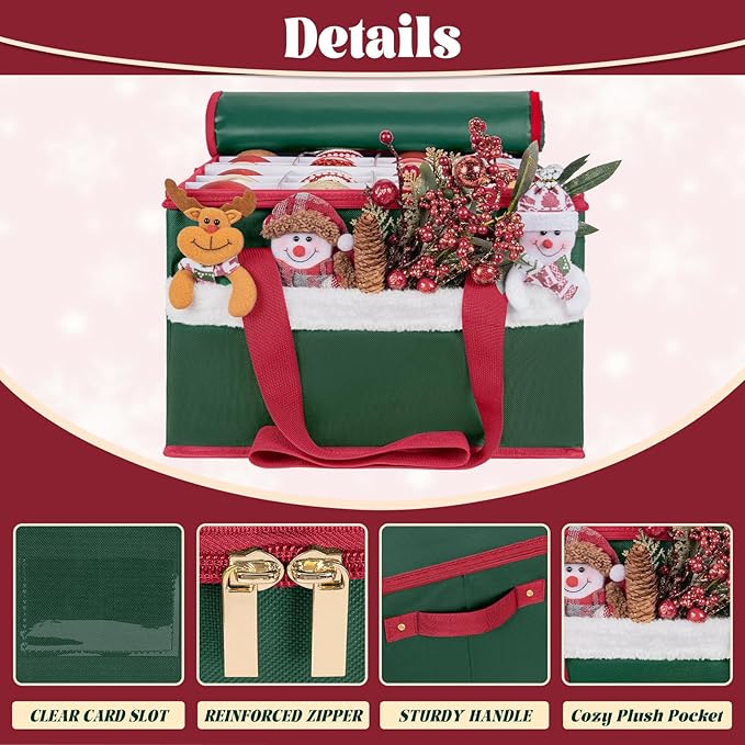 Christmas Ornament Storage Box Holiday Ornaments Storage Container Bin Zippered Top Ball Storage with Adjustable Dividers Holds 72 Ornaments (3 Inch) Green
