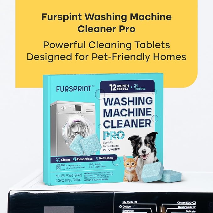 Fursprint Washing Machine Cleaner Tablets - 24 Pack for a 12 Month Supply. Formulated for Pet Owners. Compatible with HE, Top & Front Load. Easily Removes Residue, Grime. Value Brand by Uproot Clean