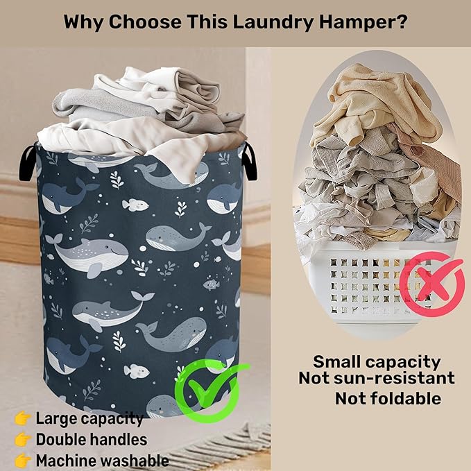 Cute Whale Marine Animals Foldable Canvas Laundry Basket with Handles - Toy Organizer, Heavy Duty for Home，Bedroom, Dorm, Bathroom