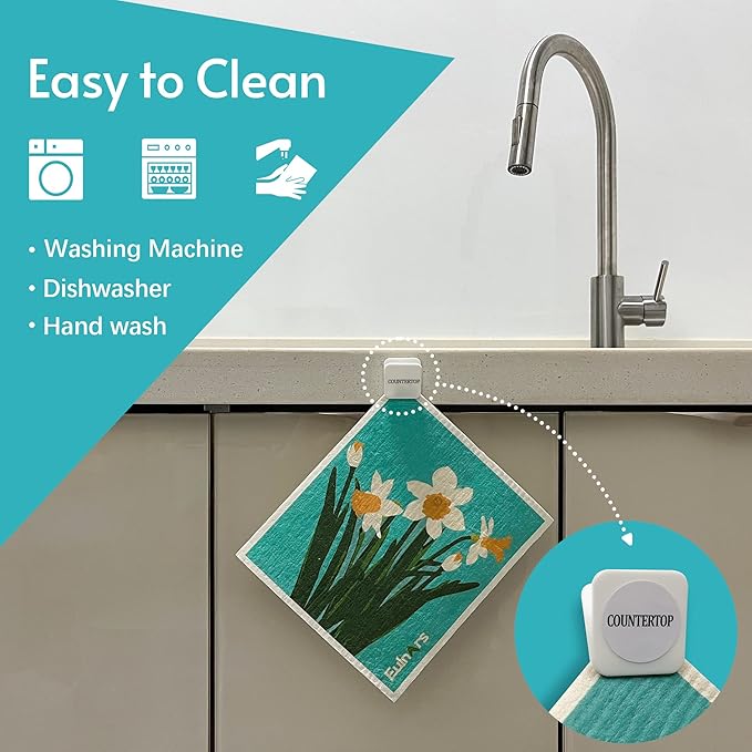 Eulnars Swedish Dishcloths for Kitchen, 8 Pack Reusable Paper Towels with Clips, Non-Scratch Swedish Dish Towels, Super Absorbent Cellulose Sponge Cloths, Assorted