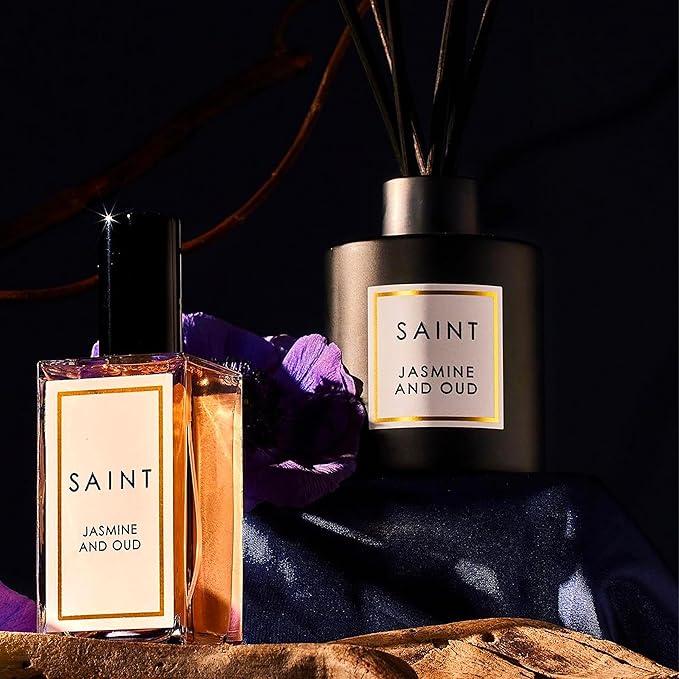 SAINT Reed Diffuser, Aromatherapy Diffuser Set with Scent Diffuser Sticks, Long-Lasting Oil Diffuser in Matte Black Glass Jar, Aroma Diffuser for Home, Bedroom, or Bathroom, 5oz, Jasmine and Oud