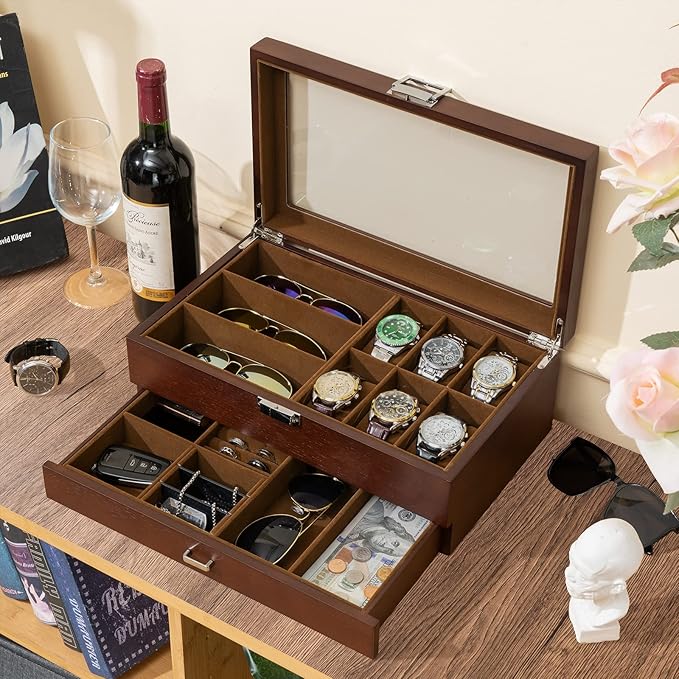 ProCase Wooden Men's Jewelry Box, 2-Tier Watch Holder and Sunglasses Box Organizer for Men, Display Cases with Clear Glass Top and Storage Drawer -Espresso