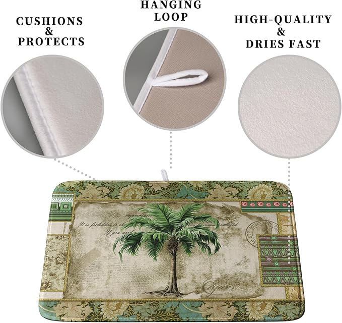 Palm Tree Kitchen Dish Drying Mat for Dishes 18x24 Inch Summer Vintage Tropical Leaves Green Jungle Plant Drying Mat Botanical Dish Drainer Mat Super Absorbent Dish Rack Pad for Coffee Bar Sinks