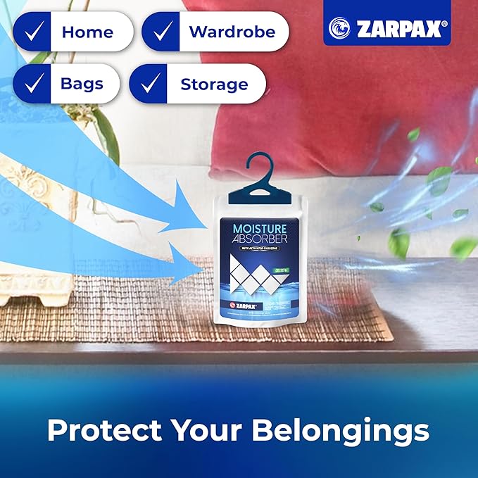 Zarpax Moisture Absorber Sachets Activated Charcoal 7.5 oz/212g - Remove Excess Moisture In Air & Odor - Desiccant Dehumidifier for Closet, Drawer, Storage - Dampness & Humidity Control - Set of 20
