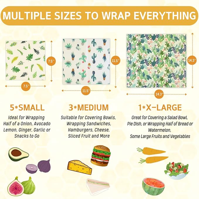 Reusable Beeswax Wrap - 9 Pack Beeswax Wraps for Food, Eco-Friendly Beeswax Food Wraps, Bread Sandwich Wrapper - Organic, Sustainable, Zero Waste, Reusable Plastic-Free Food Wrap, 1XL, 3M, 5S