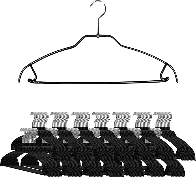 Mawa by Reston Lloyd Silhouette Ultra-Thin Series, Non-Slip Space Saving Shirt Hanger with Pant Bar & Skirt Hooks, Style 42/FTU, Pack of 130, Black