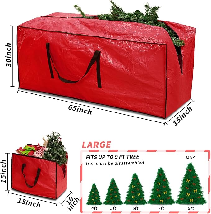 Heavy Duty 9 Ft Christmas Tree Storage Bag - Large Waterproof Plastic Storage Bag & Container for Artificial Trees, Holiday & Xmas Decorations - 3-Piece Set with Reinforced Carry Handles - Red
