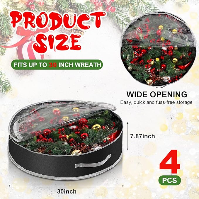 Aliceset 4 Pack Wreath Storage Containers, Christmas Ornament Garland Wreath Storage Bags with Handle Dual Zipper Large Decorative Storages Box for Winter Wreaths(30 x 30 x 7.8 Inch,Black)