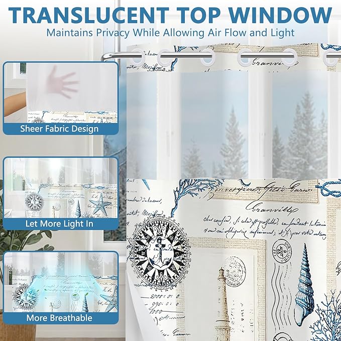 No Hook Vintage Nautical Shower Curtain with Waterproof Snap-in Liner, Ocean Themed Stamps Retro Shower Curtain with Mesh Top Window, Quick Dry Cloth Shower Curtains for Bathroom, 71"W x 74"L