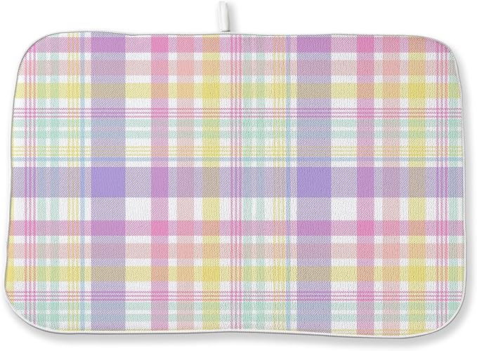 Easter Dish Drying Mat 18 x 24 Inch Spring Pink Yellow Purple Buffalo Plaid Drying Mat for Kitchen Counter Absorbent Spring Easter Checkered Dishes Dry Pad for Drainer Rack Kitchen Fast Dry