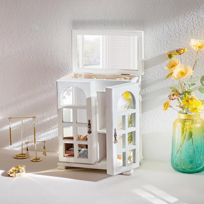 Jewelry Box Organizer, Farmhouse Wooden Jewelry Boxes for Women Girls, 6 Layer Jewelry Case Storage with Bracelet Holder Display Hooks for Necklaces Earrings Rings Bracelets (Weathered White)