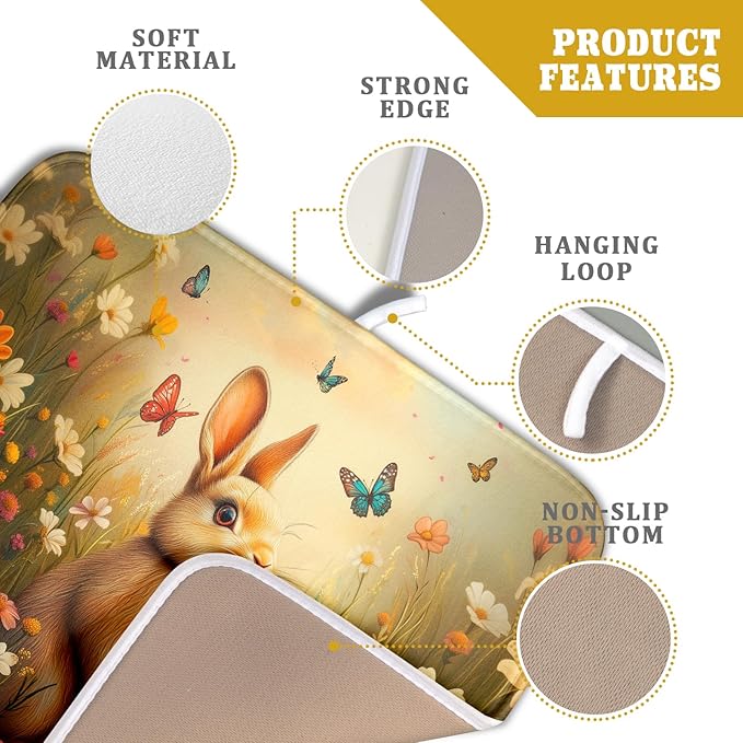 Giwawa Easter Bunny Dish Drying Mat Flower Butterfly Kitchen Drainer Mat 16x18 inch Absorbent Reversible Dish Rack Pad for Counter Tabletop Decor