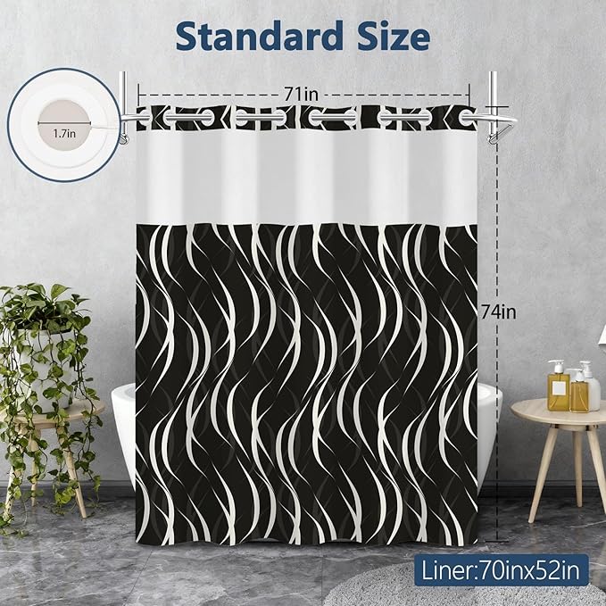 No Hook Black and White Striped Shower Curtain with Liner, Abstract Modern Minimalist Geometric Decor Bathroom Curtains, Hotel Style Waterproof Fabric Shower Curtain with Top Sheer Window, 71x74 Inch