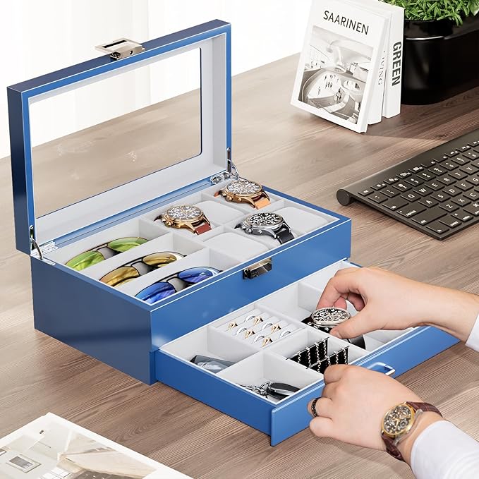 ProCase Lacquered Finish Wooden Men's Jewelry Box, 6 Slots Watch and Sunglasses Box Organizer for Men, 2-Tier Watch Holder Display Cases with Glass Top and Storage Drawer -Blue
