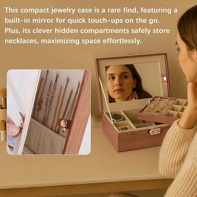 Homeanda Jewelry Box with Mirror Travel Jewelry Organizer 2 Layer Large Jewelry Storage Case Waterproof PU Leather Storage for Women Girls (Brown)