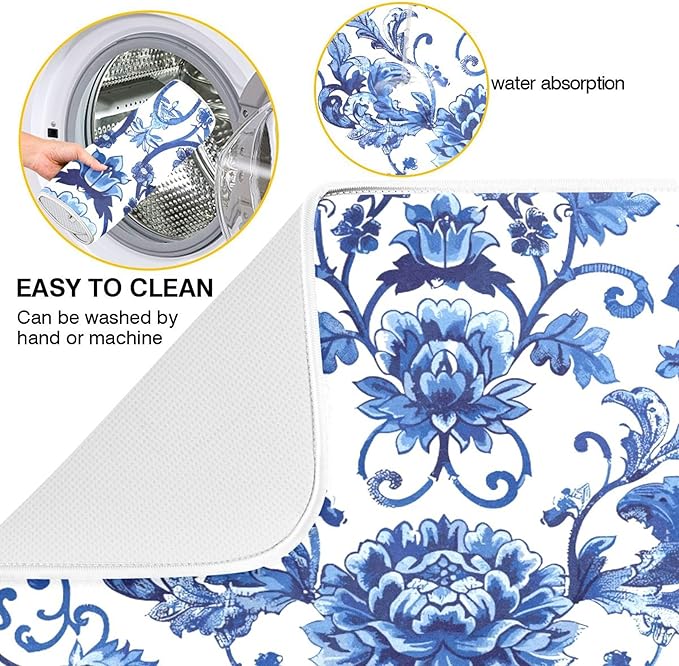 Blue White Porcelain Peony Dish Drying Mat for Kitchen Countertop 16x18 Rectangle Small Drying Mat Reusable Quick Dry Dish Sink Absorbent Mats Dishwasher Easy Clean Decorative Home Decor Essentials