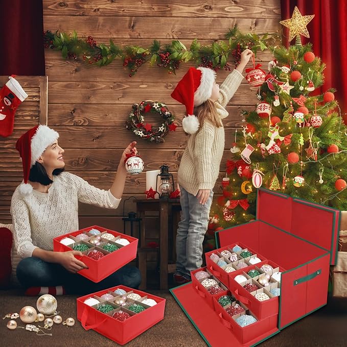 Large Christmas Ornament Storage Box with 6 Drawer Style Trays Fits 54 of 4" Ornament Balls - Side Opening, Christmas Container Perfect for Holiday Decorations, 600D Oxford Fabric Tear-Proof