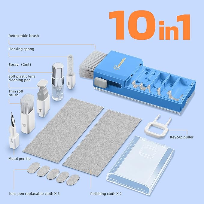 Tassmpitor Laptop Cleaning Kit, Keyboard Cleaning Kit with Spray and Wipe, Keyboard Cleaner for MacBook iPad Tablet iPhone Computer Camera Lens Airpods Earbuds, Mutitool Brush for Electronic Screen