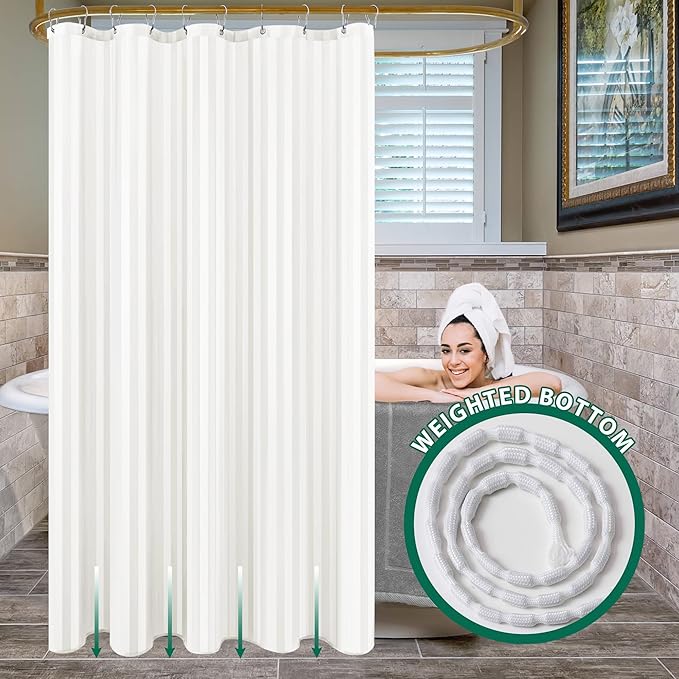 Biscaynebay Fabric Shower Curtain or Liner 72" by 72", Ivory Water Repellent Damask Stripes Bathroom Curtains Machine Washable