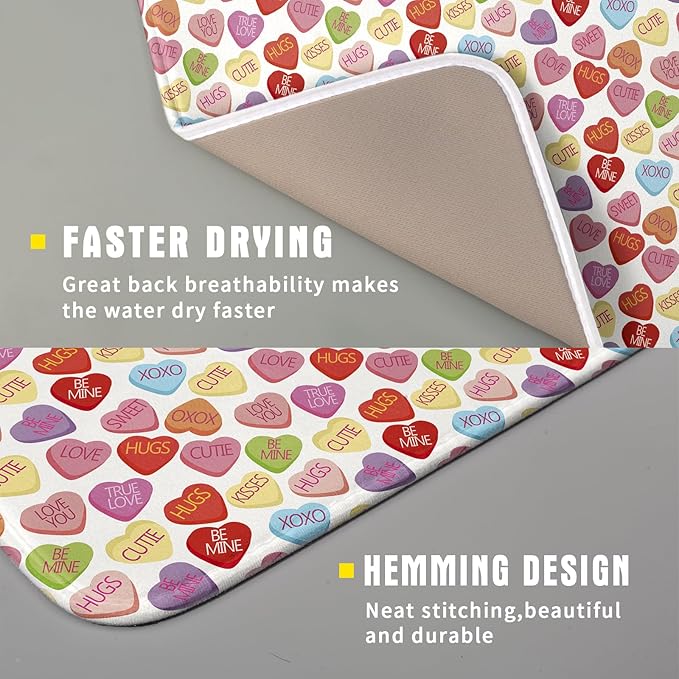 Valentine’s Day Dish Drying Mat for Kitchen Counter 18x16 Inch Colorful Love Drying Mat with Absorbent Reversible Microfiber Holiday Dish Drainer Mats Rack Pad for Coffee Countertop Protector