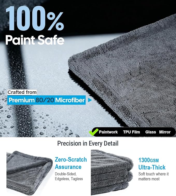 Wigoo Microfiber Car Drying Towels 36" x 24" [1300GSM Ultra-Absorbent, No Streaks & Scratches] Dual-Sided Edgeless Cleaning Towel with Twisted Loop, for Auto Detailing, Cars, SUV, Truck (2-Size Set)