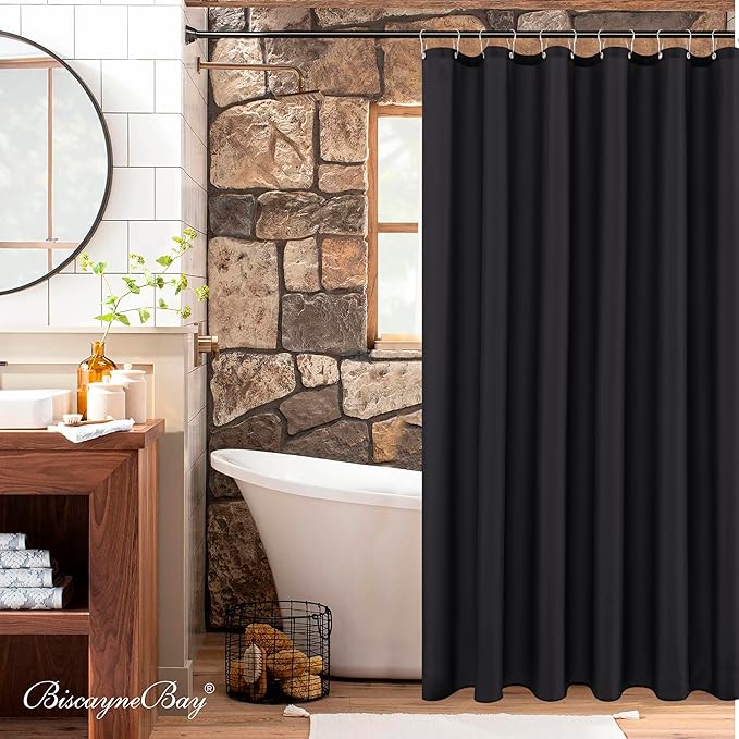 Biscaynebay Extra Long Fabric Shower Curtain Liner 72 Inch Width by 84 Inch Length, Black Water Resistant Bathroom Curtains, Rust Resistant Grommets Top Weighted Bottom Machine Washable