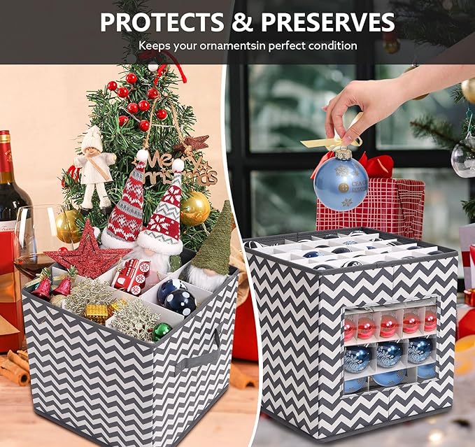 2 Pack Ornament Storage Box Set, Xmas Ornament Boxes for Storage, 166pcs Compartment for 3cm-10cm Christmas Balls, Christmas Decoration Organizer with Carry Handle & Transparent Window, 30x30x30cm