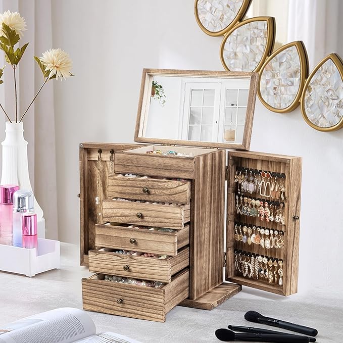 Emfogo Wooden Jewelry Box for Women, 6-Tier Large Jewelry Organizer Boxes with Mirror Rustic Solid Wood jewlery Storage Display for Rings Earrings Necklaces Bracelets watches(Carbonized Brown)