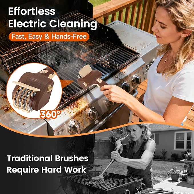 Electric Grill Brush for Outdoor Grill, Grill Cleaner with Stainless Steel Bristle-Free Head, Cordless Rechargeable BBQ Grill Cleaner, Essential BBQ Accessories
