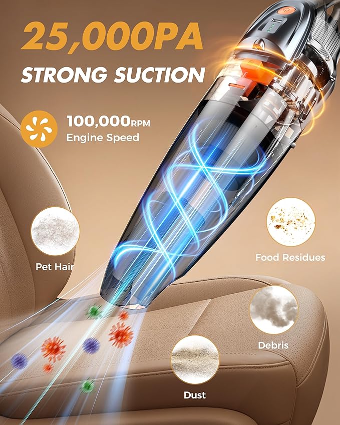 Handheld Vacuum Cordless 25000PA Powerful Suction, Portable Car Vacuum, 3 in 1 Hand Held Vacuum Rechargeable 8000mAh with LED Light, HEPA Filter, Home, Car Seats, Office, Pet Hair, Dust Buster