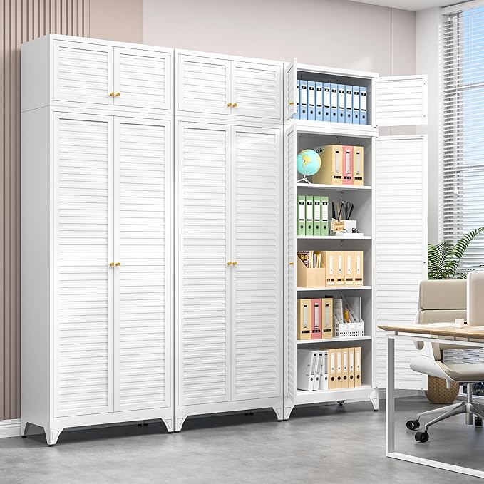 Kitchen Pantry Cabinet, 90" Tall Metal Storage Cabinet, Food Pantry cabinets with Doors and Shelves, Steel Cabinets for Living Room, Dining, White,16" D x 32" W x 90" H, Assembly Required