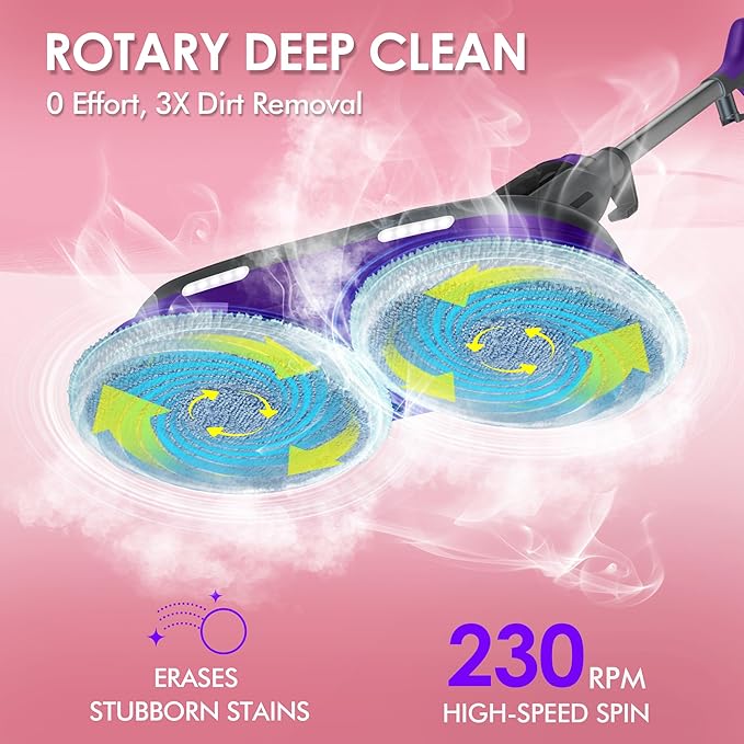 BOJUK Scrub and Steam Mop with LED Headlights, All-in-One Hard Floor Cleaner Rotating Mop, 6 Cleaning Pads, Swivel Steering, Cable Holder & XL Water Tank