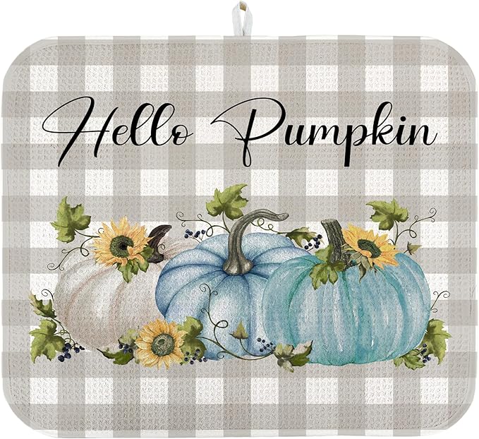 Quick Absorbent Kitchen Drying Mat - Stylish Patterns Fall Dish Drying Mat- 16×18 Inch & 18×24 Inch Pumpkin Kitchen Drainer Mat for Countertops, Dishes & Glassware