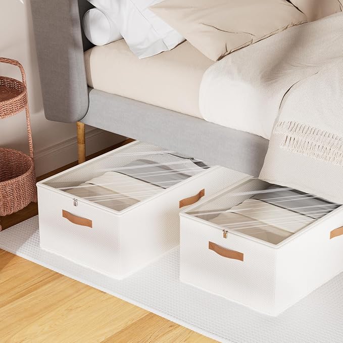 Chizjox 10inch 3 Pack Under Bed Storage Containers, 10 Inch Tall Underbed Clothes Storage Organizer Bin with Clear Window，Foldable Box Basket for Clothes, Closet, Bed Sheets and Blankets White