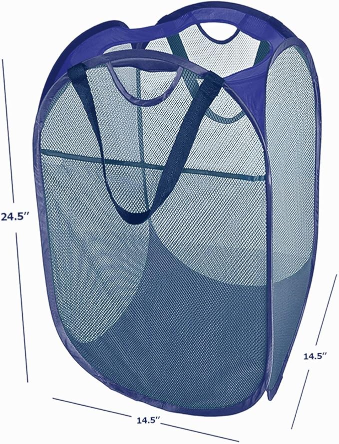 HOUSE AGAIN [Reinforced] Strong Mesh Pop-up Laundry Hamper, Quality Collapsible Laundry Basket with Durable Handles Solid Bottom High Carbon Steel Frame, Easy to Open and Fold Flat for Storage(Blue)