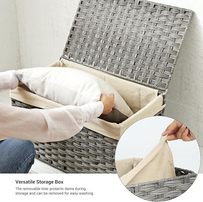 SONGMICS Storage Basket with Lid, Woven Blanket Storage Bin with Handles, Foldable, Removable Liner, Metal Frame, for Bedroom, Laundry Room, 42.3 Gallons (160 L), Gray URST76WG
