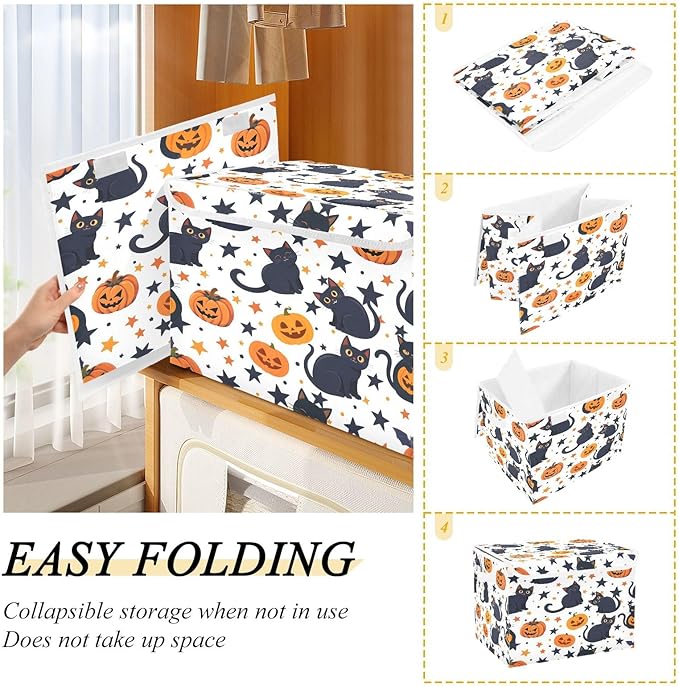 Bolaz Storage Bins with Lids and Handles,Black Cat Pumpkin Pattern Storage Box Basket with Cover Collapsible Organizer Containers for Home Closet, Shelves
