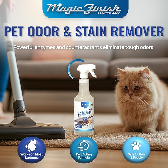 Magic Finish Pet Odor & Stain Remover (32 oz) – Enzyme Carpet Cleaner for Dog & Cat Urine, Vomit, and Messes – Kid & Pet-Friendly Rug & Upholstery Deodorizer with Apple Blossom Scent