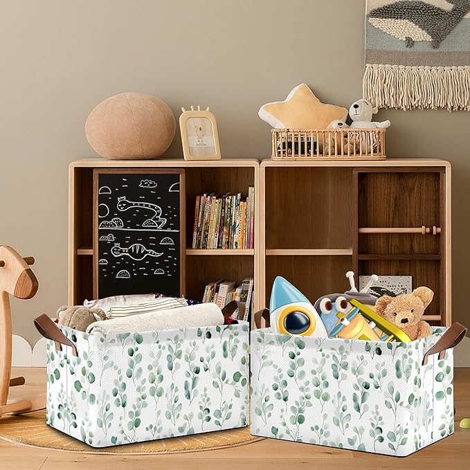 Eucalyptus Storage Basket,Leaves Collapsible Storage Bin Cubes for Living Room Bedroom Blankets Home Storage 17x11.5x10Inch