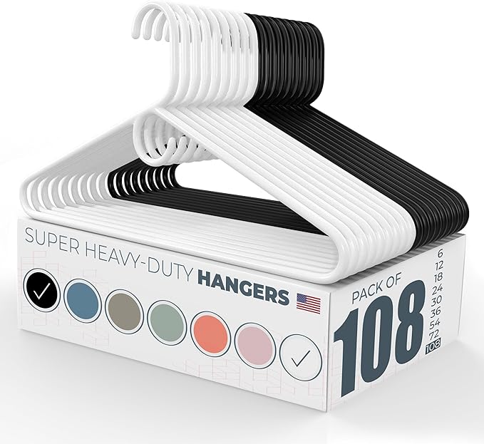 Neaties Super Heavy Duty Clothes Hangers 100 Pack (108 Count) – Made in The USA - 10lb Capacity, Thick Plastic Hangers for Pants, Coats, Jackets, Jeans and Adult Clothing – White & Black