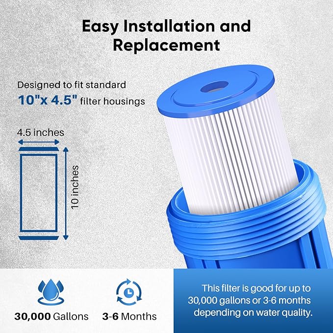 PUREPLUS 50 Micron 10" x 4.5" Extra Coarse Pleated Sediment Filter for Well Water, Replacement Cartridge for GE FXHSC, Culligan R50-BBSA, Pentek R50-BB, DuPont WFHDC3001, W50PEHD，GXWH40L, 2Pack