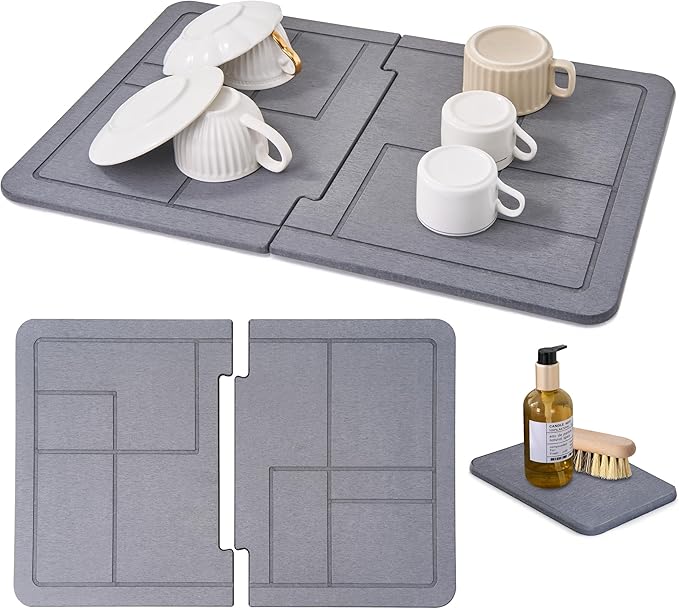 Large Stone Dish Drying Mat for Kitchen Counter, 2PCS Quick Dry Stone Dishes Mats, Detachable Water Absorbing Diatomaceous Earth Drying Pad for Bottles Dish Cups(Dark Gray 24"×16" & 8"x5")