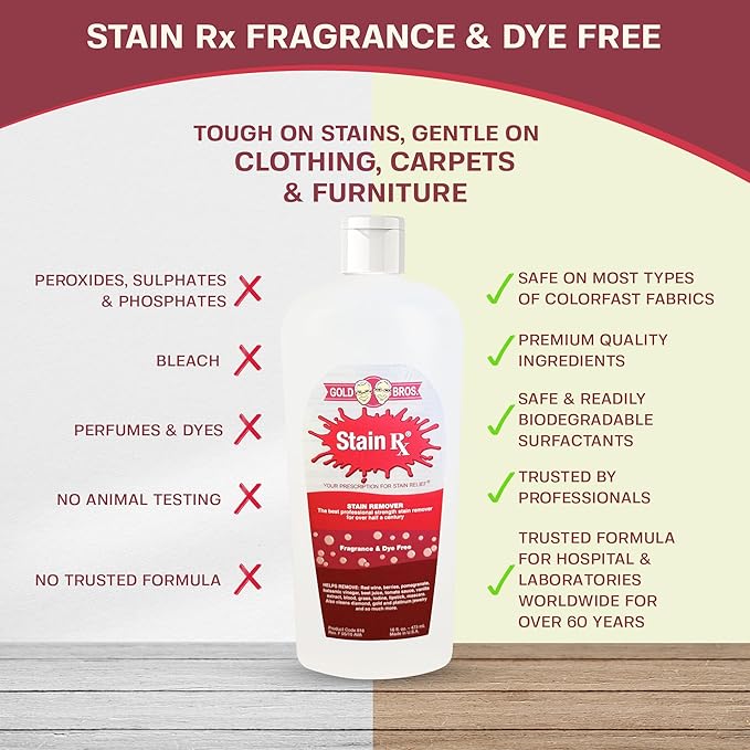 Stain Rx Stain Remover, Effectively Eliminates Stains from Wine, Berries & Blood on Colorfast Fabrics, Carpets, Upholstery & Jewelry, Fragrance & Dye-Free, Bleach-Free, Peroxides & Phosphates, 16 oz
